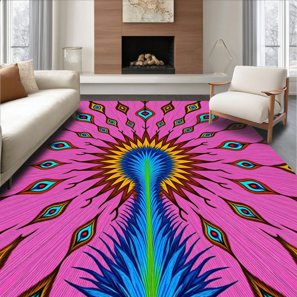 Vibrant Pink Peacock Feather Burst Rug