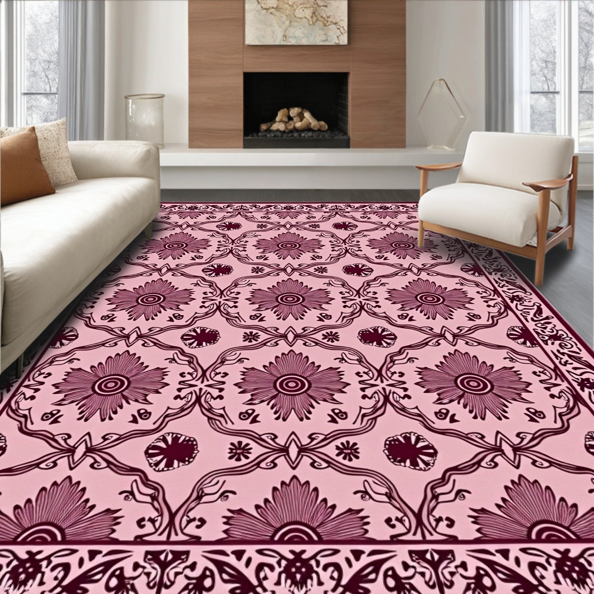 Ornate Crimson Floral Lattice Pink Rug