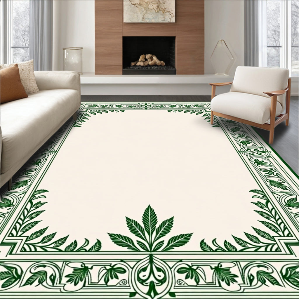 Emerald Green Ornate Leaf Border Rug