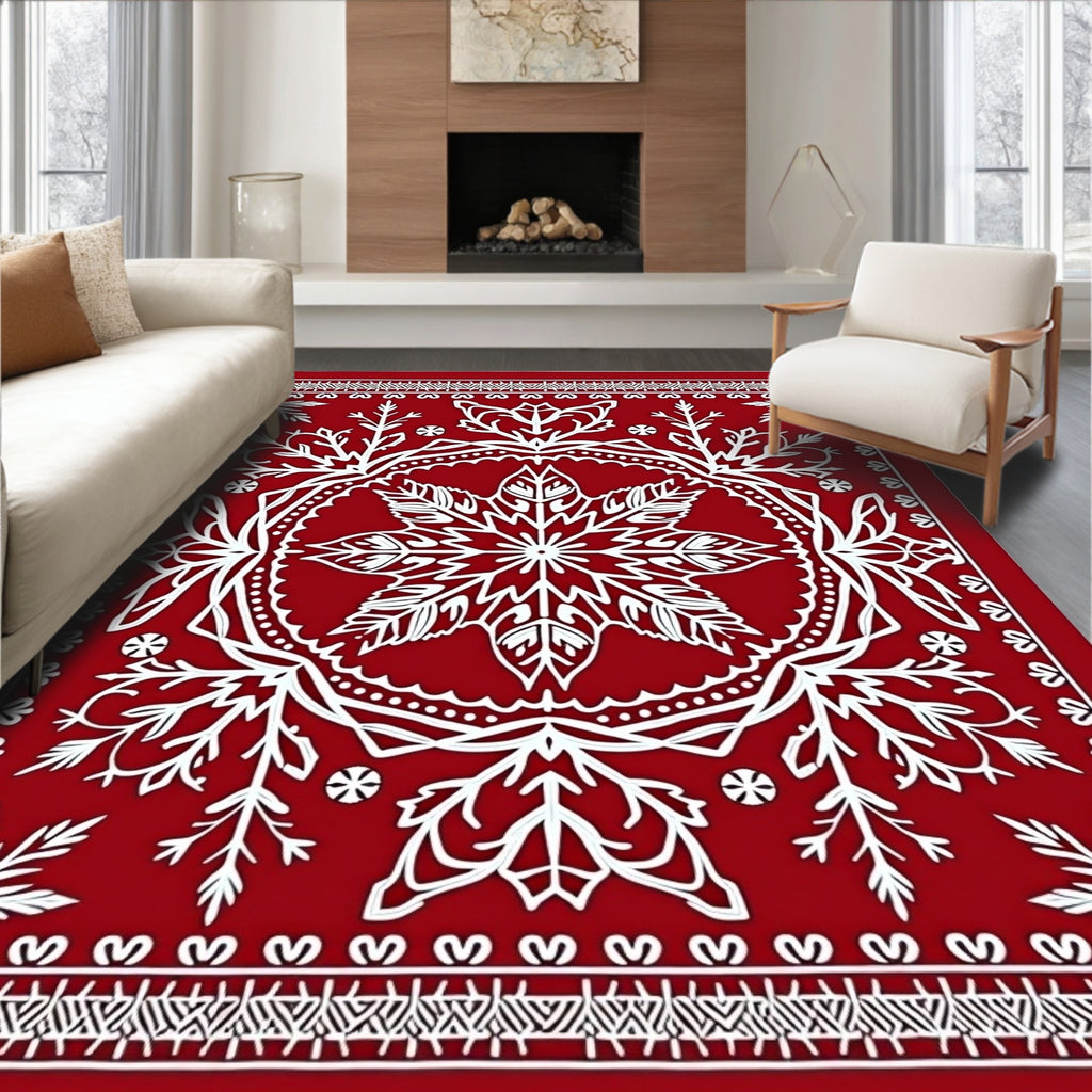 Crimson White Snowflake Mandala Rug