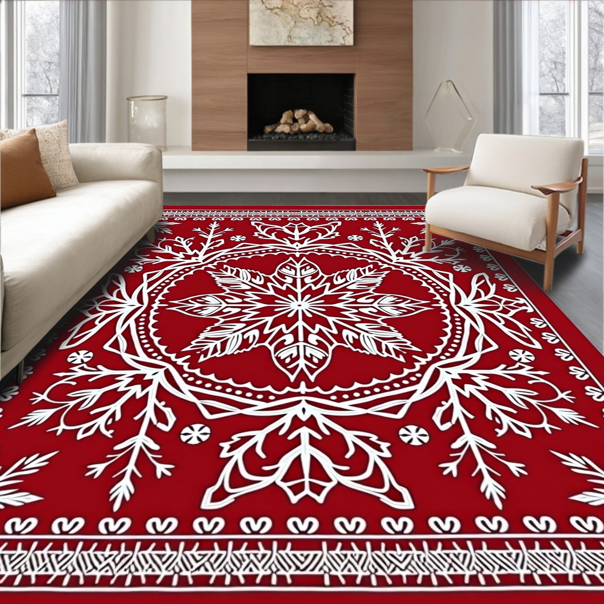 Crimson White Snowflake Mandala Rug