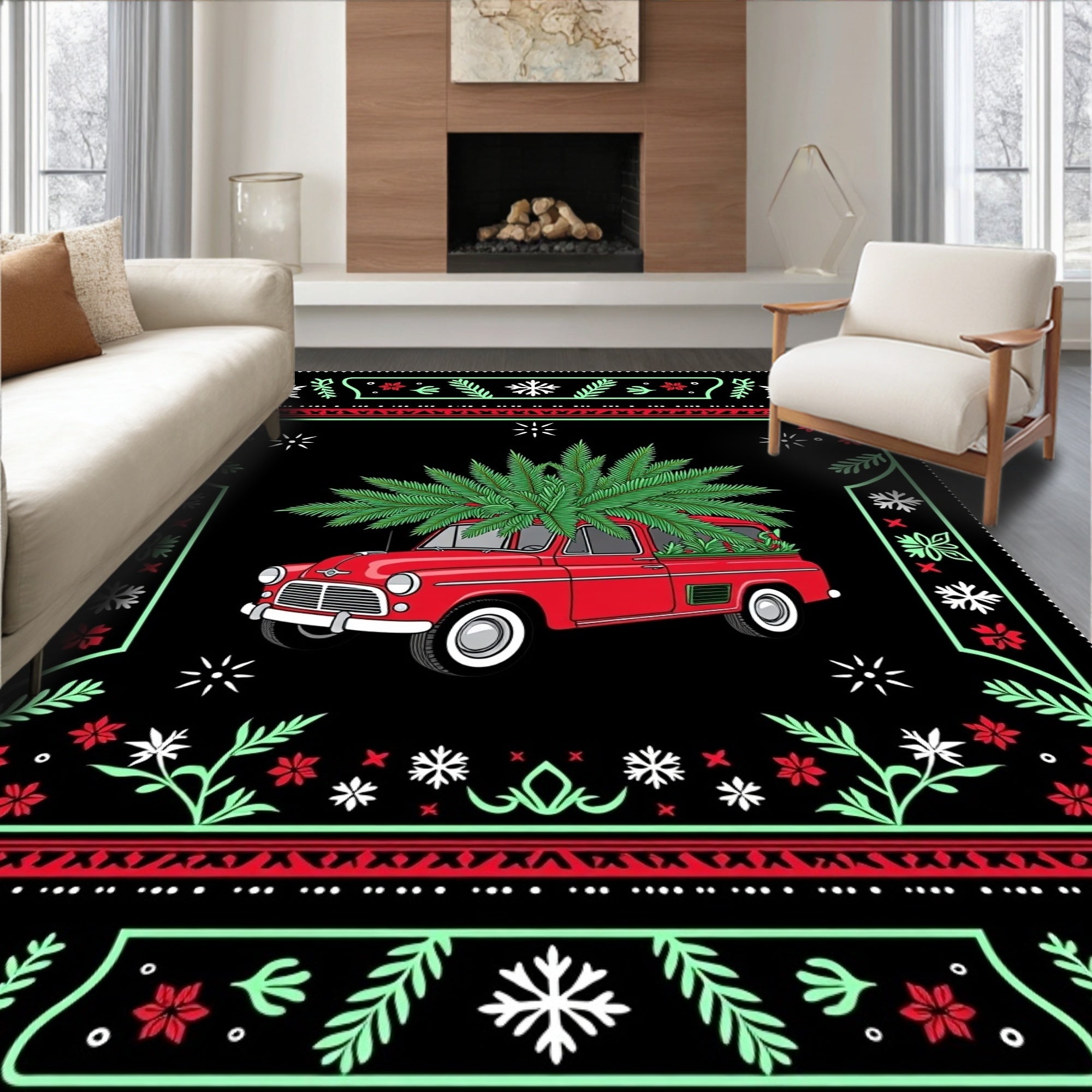 Festive Red Truck Floral Border Rug