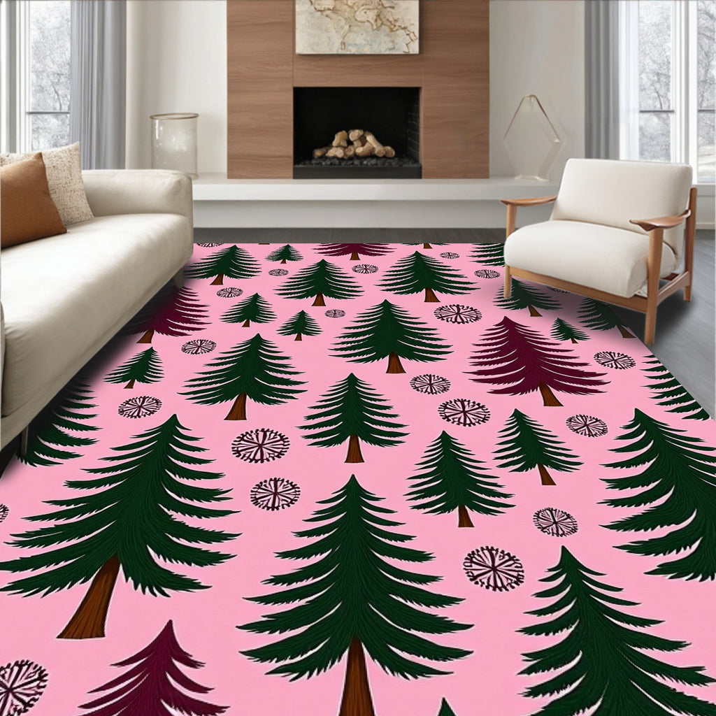 Pink Forest Trees With Snowflake Accents Rug