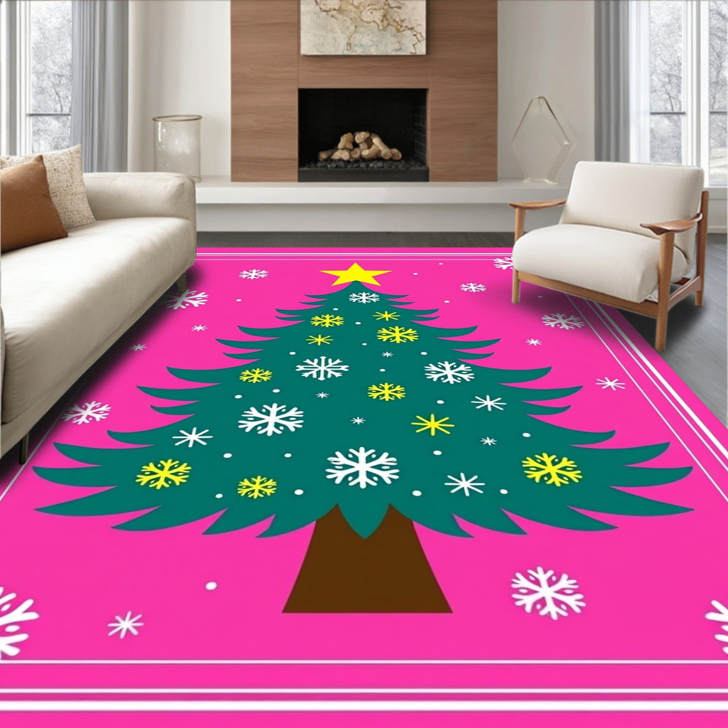 Hot Pink Christmas Tree Snowflake Star Rug