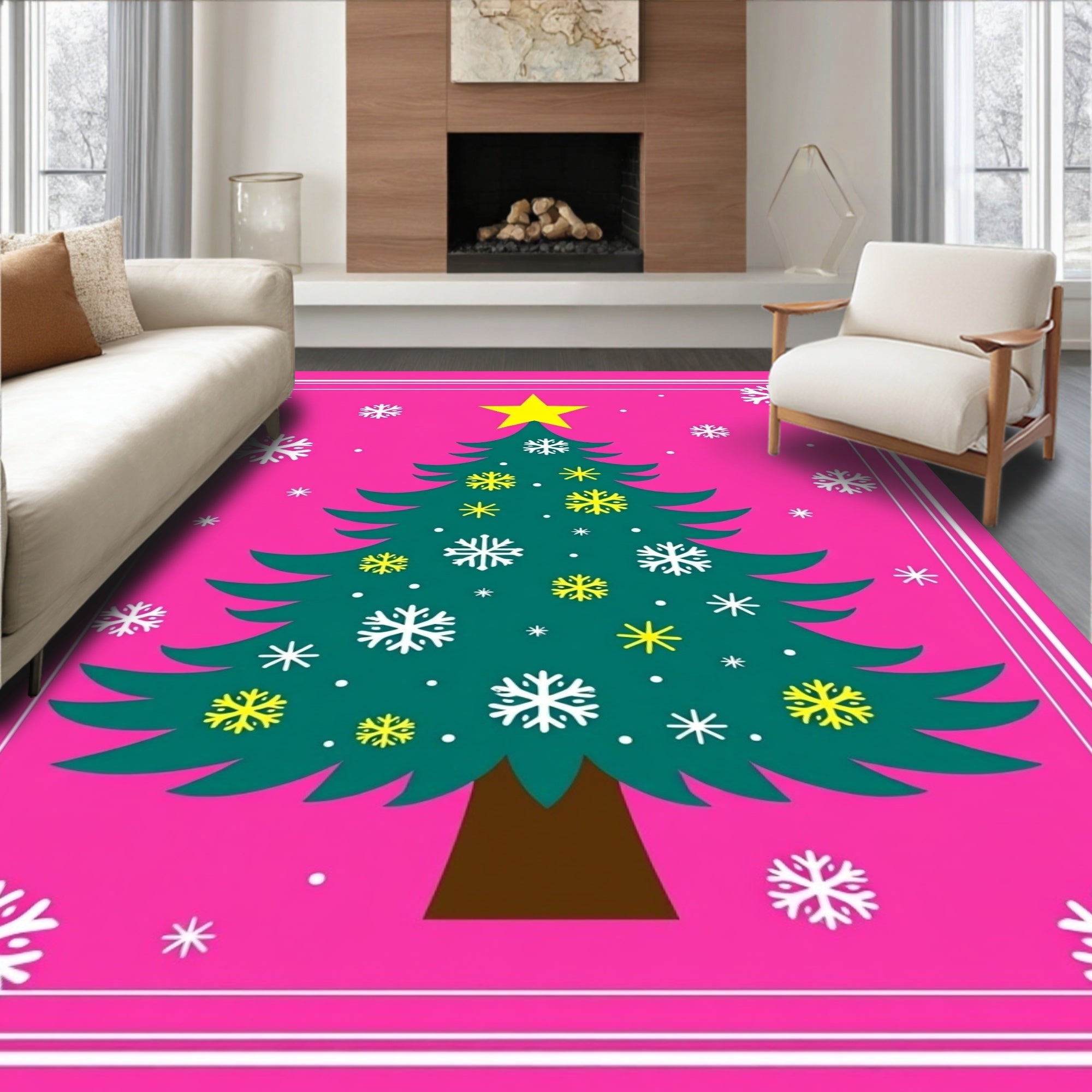 Hot Pink Christmas Tree Snowflake Star Rug