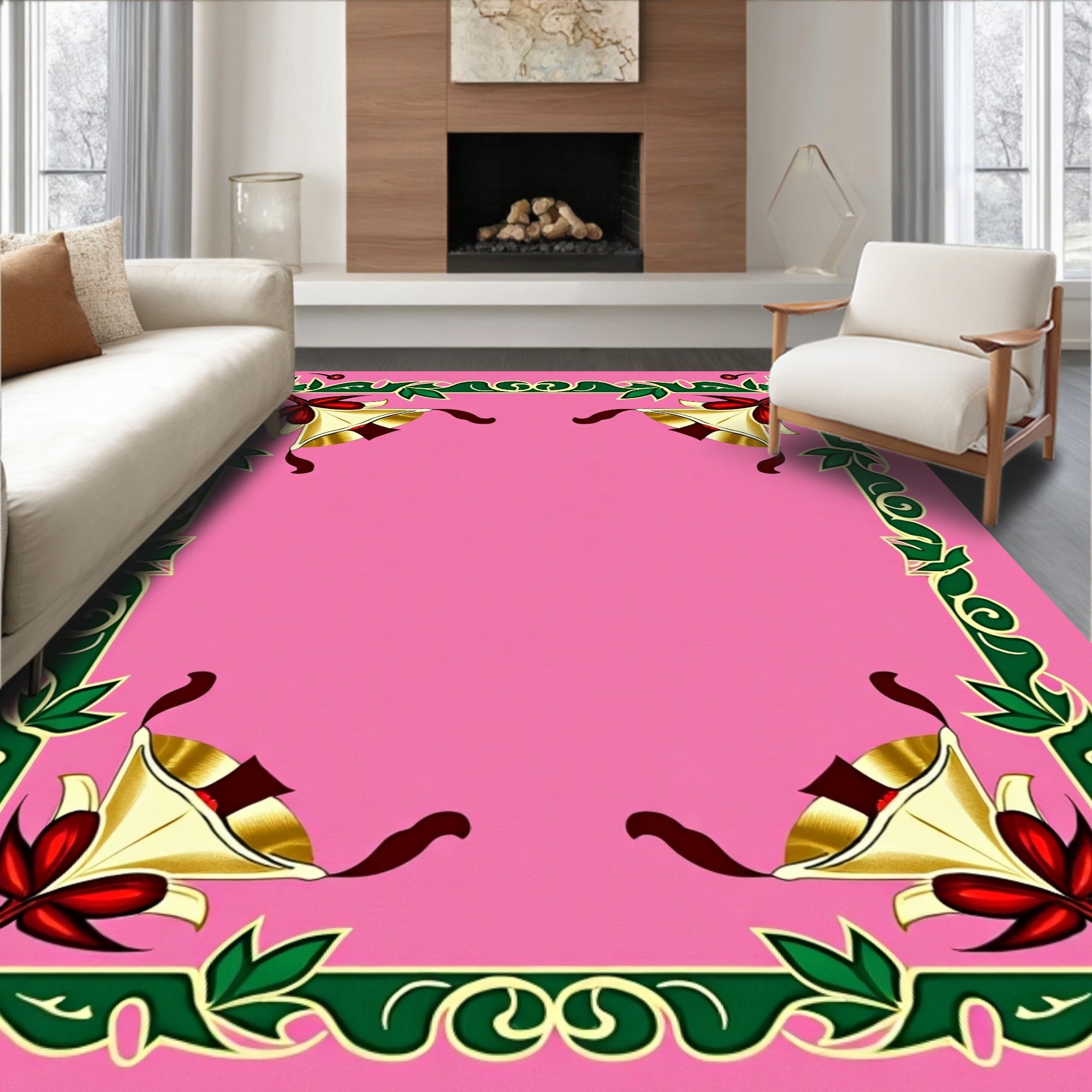 Pink Floral And Bell Border Rug