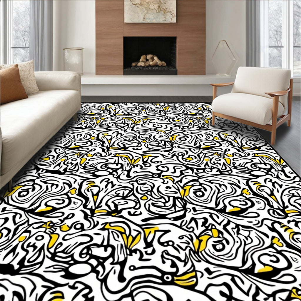 Black and Yellow Abstract Swirl Rug