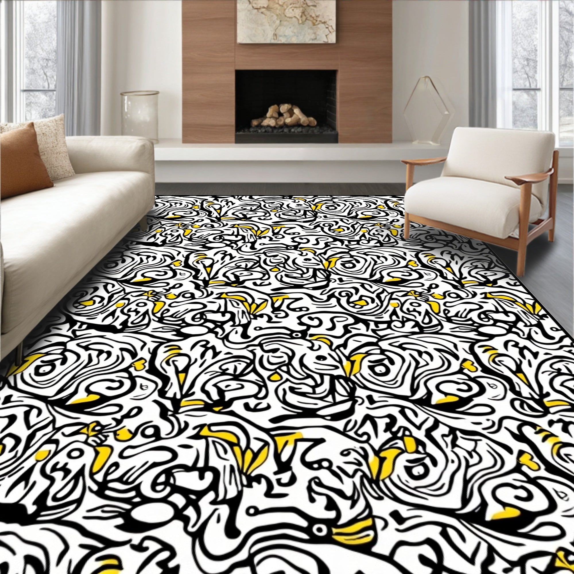 Black and Yellow Abstract Swirl Rug