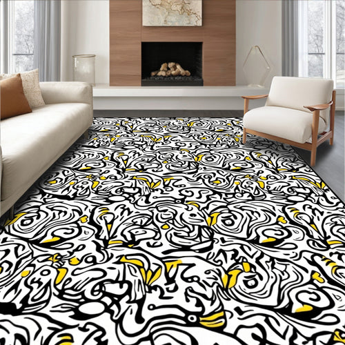 Black and Yellow Abstract Swirl Rug