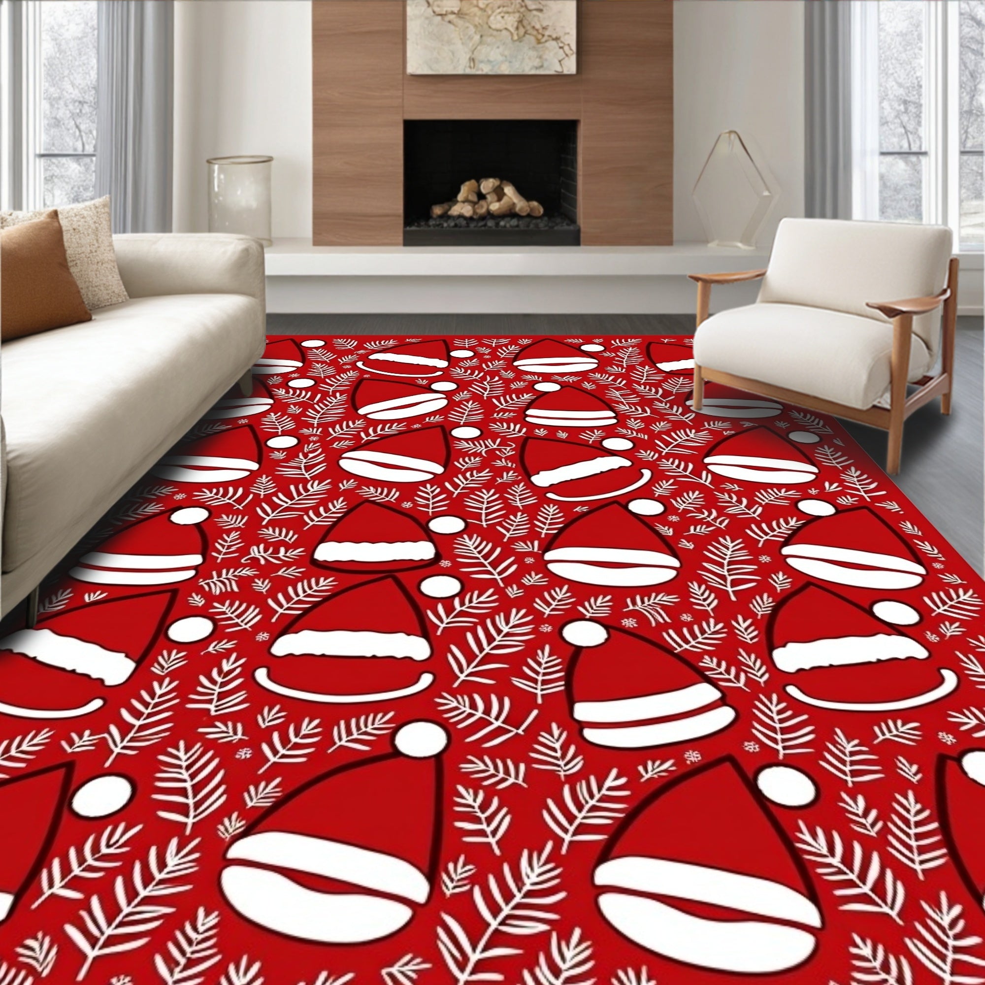 Festive Red Santa Hat Foliage Rug