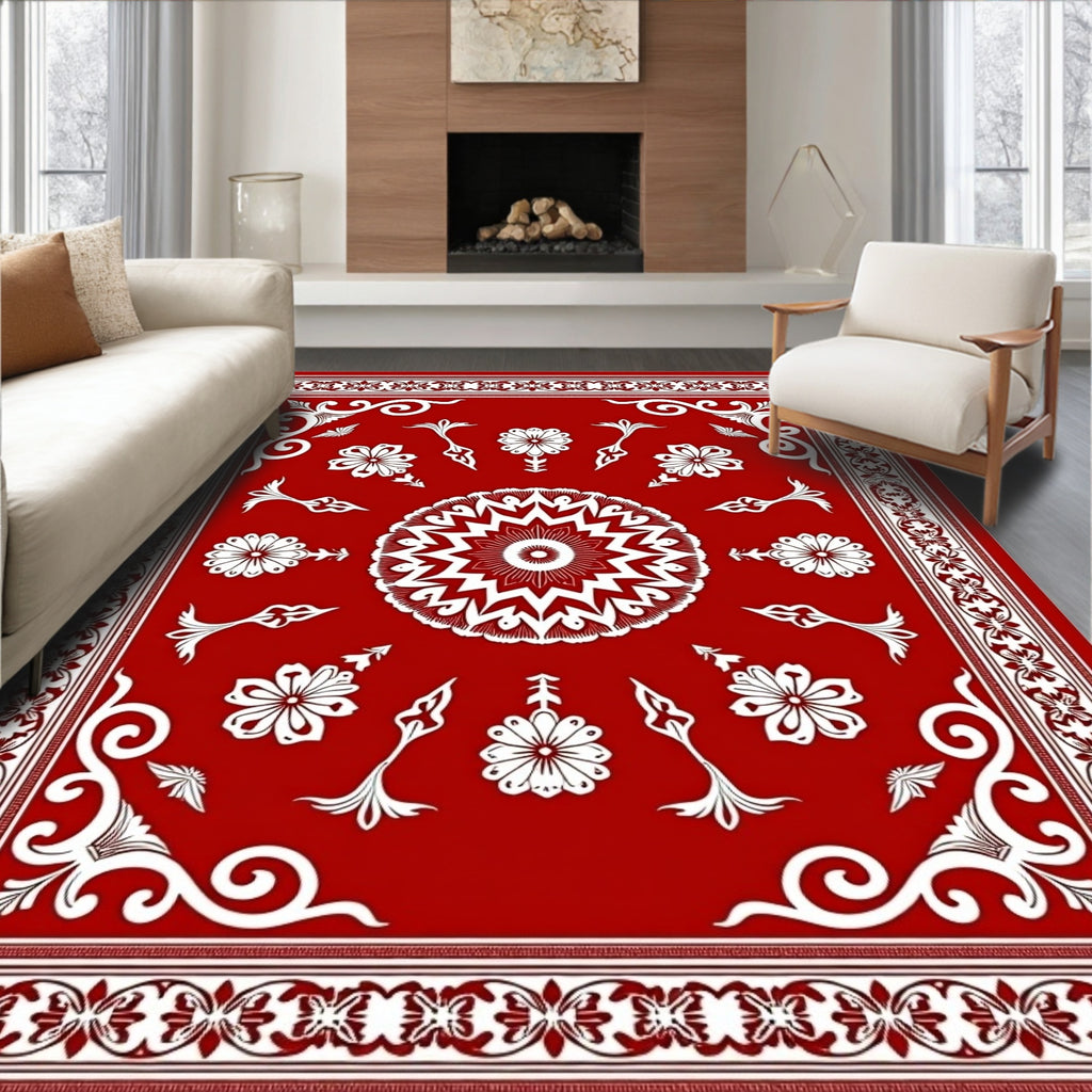 Scarlet White Foliage Starburst Center Rug