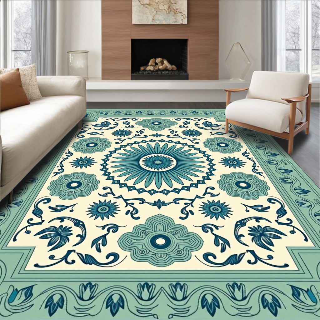 Teal Blue Floral Medallion Cream Rug
