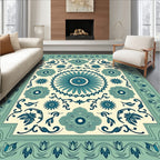 Teal Blue Floral Medallion Cream Rug