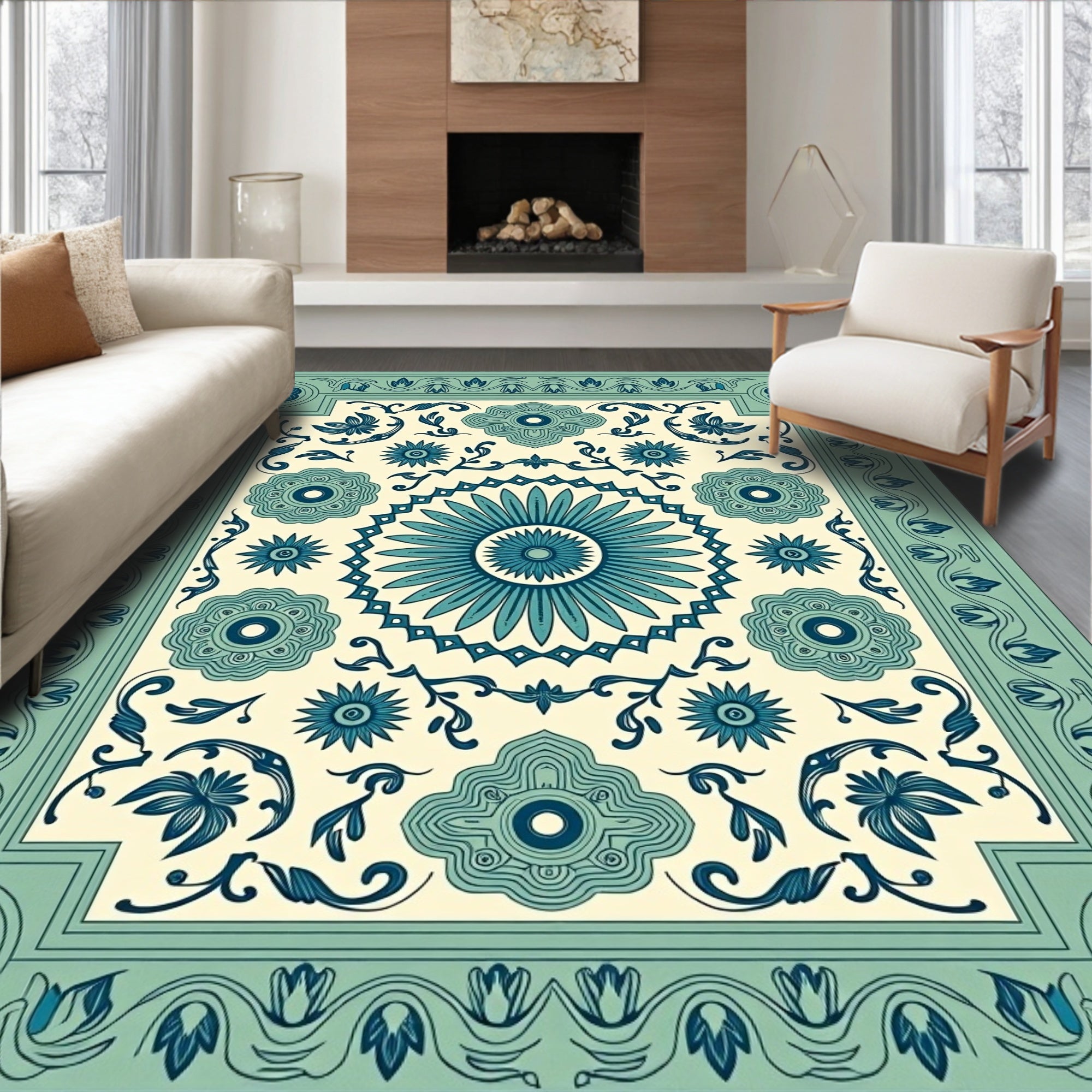 Teal Blue Floral Medallion Cream Rug