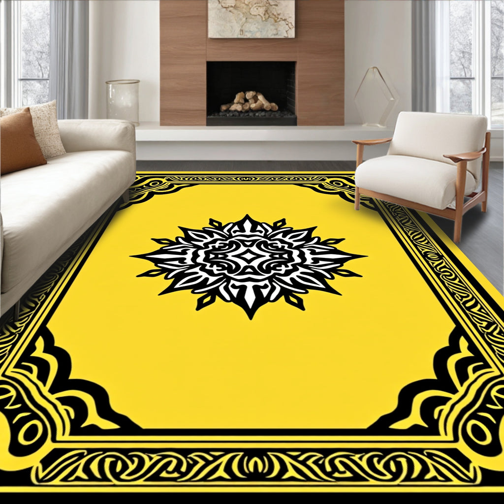 Bold Yellow Black Medallion Frame Rug