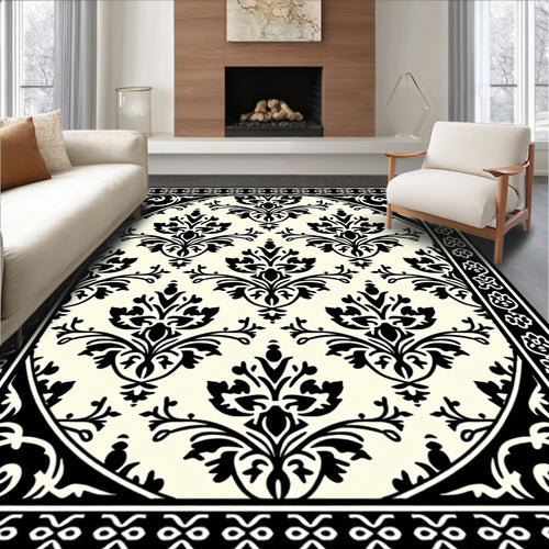 Black Ivory Damask Floral Medallion Rug