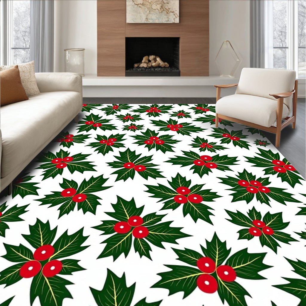 Festive Green Holly Berry Clusters Rug