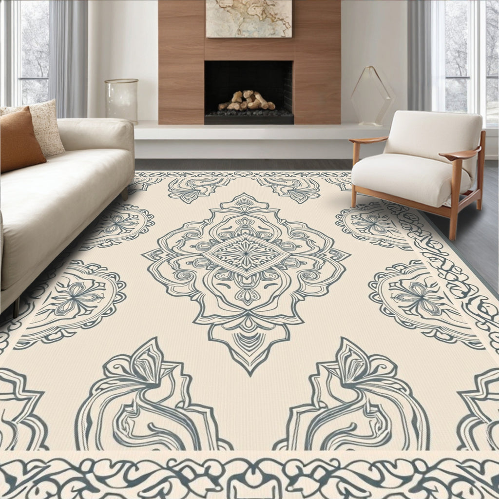 Cream and Blue Arabesque Medallion Rug