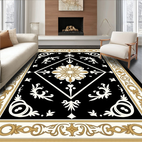 Black Gold Ivory Floral Diamond Rug
