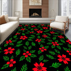 Red Blooming Flowers Green Leaves Rug