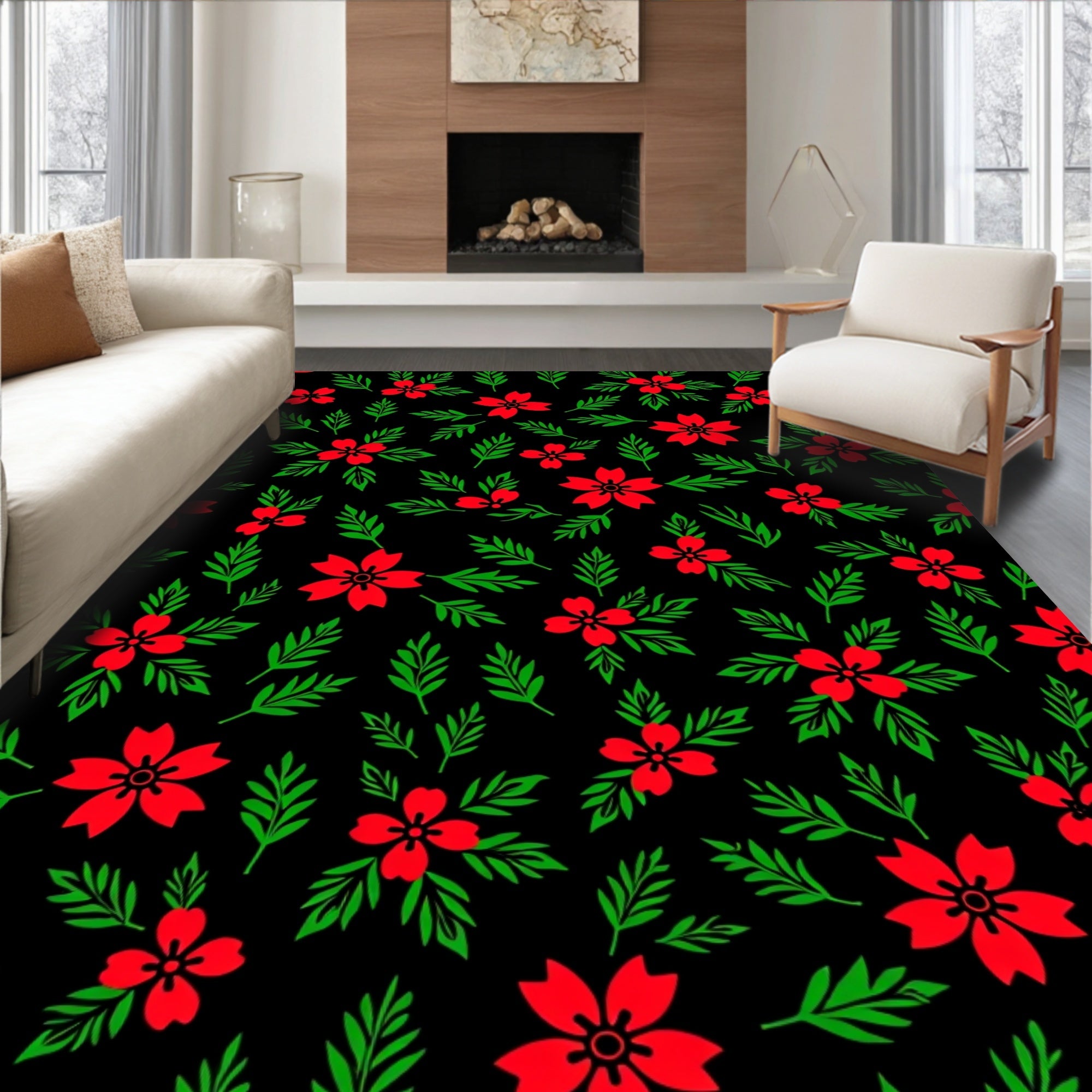 Red Blooming Flowers Green Leaves Rug