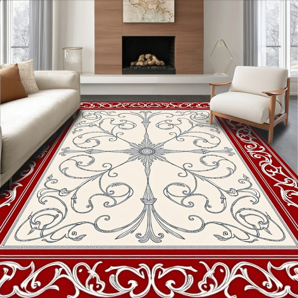 Crimson Red Ornate Floral Scroll Rug