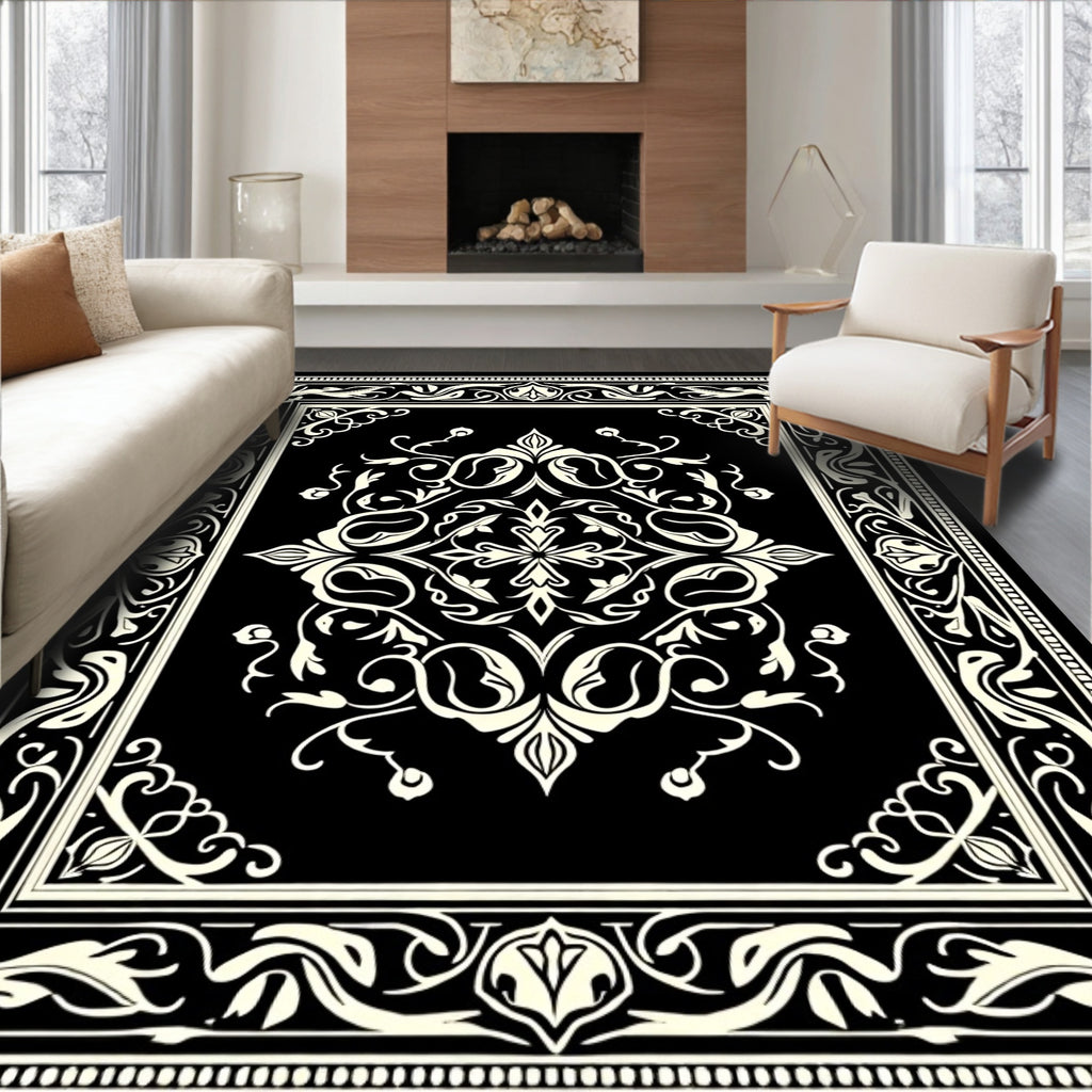 Black Cream Ornate Scrollwork Medallion Rug
