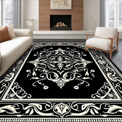 Black Cream Ornate Scrollwork Medallion Rug