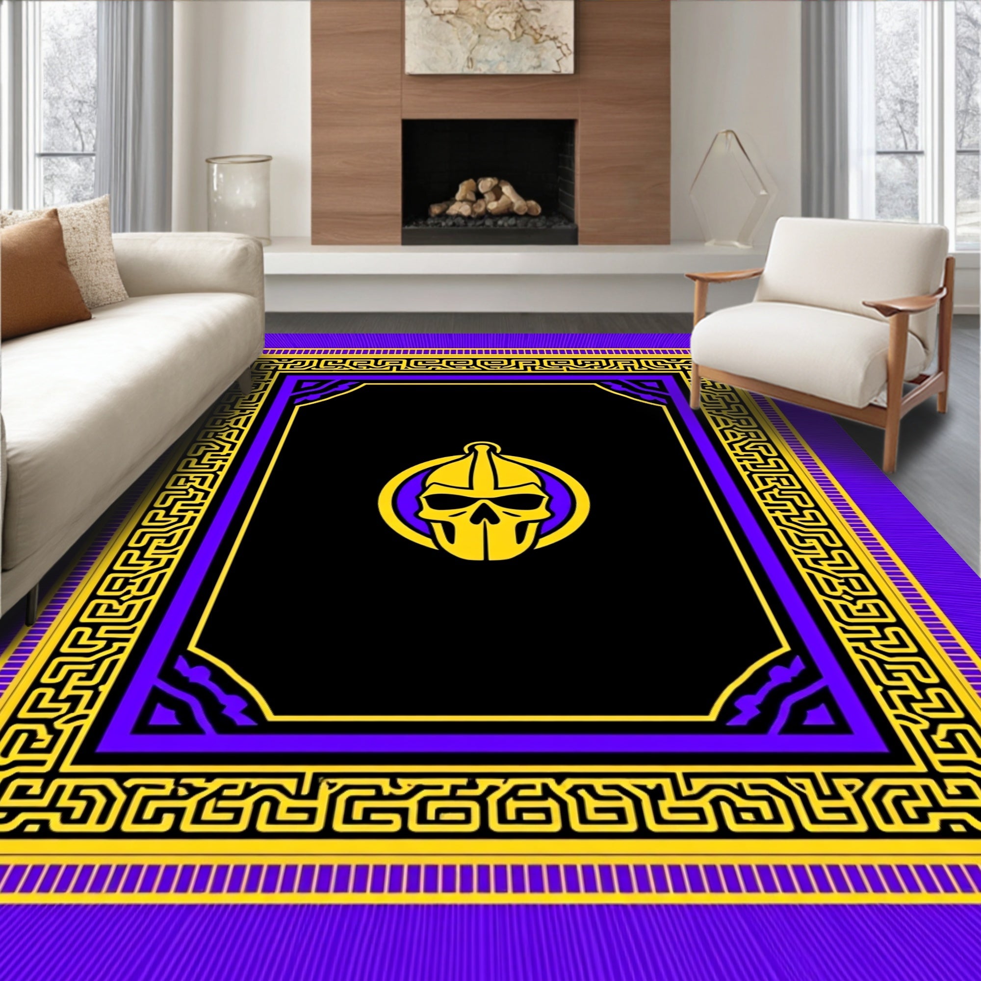 Bold Yellow Skull Geometric Border Rug