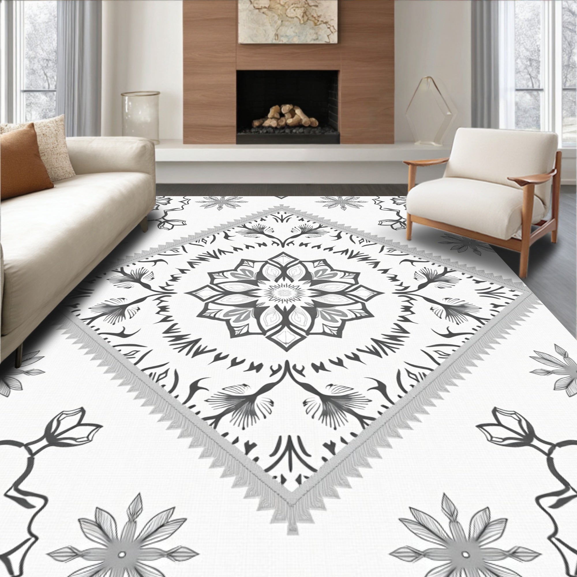 Monochromatic Gray Floral Mandala Diamond Rug
