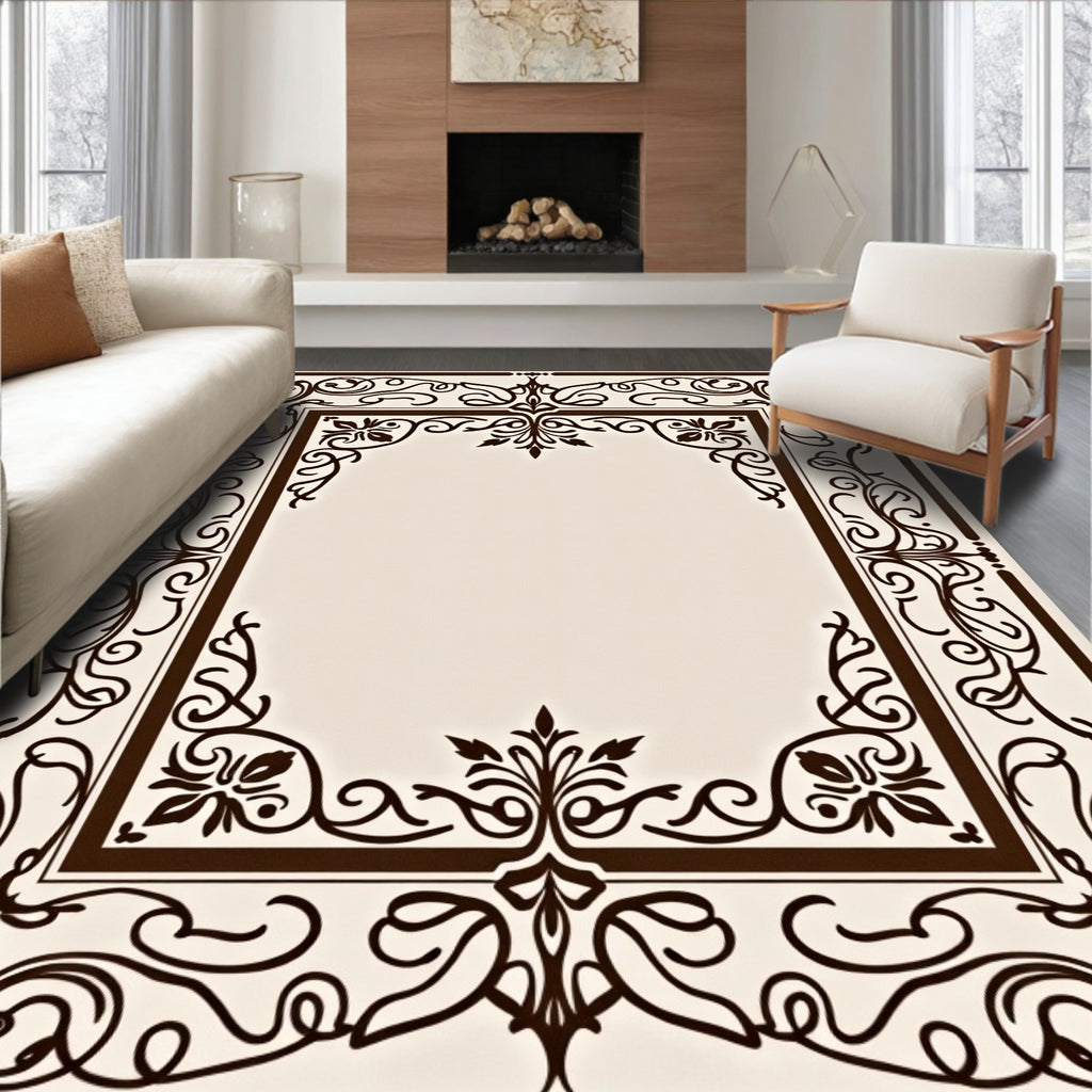Elegant Brown Floral Scrollwork Frame Rug