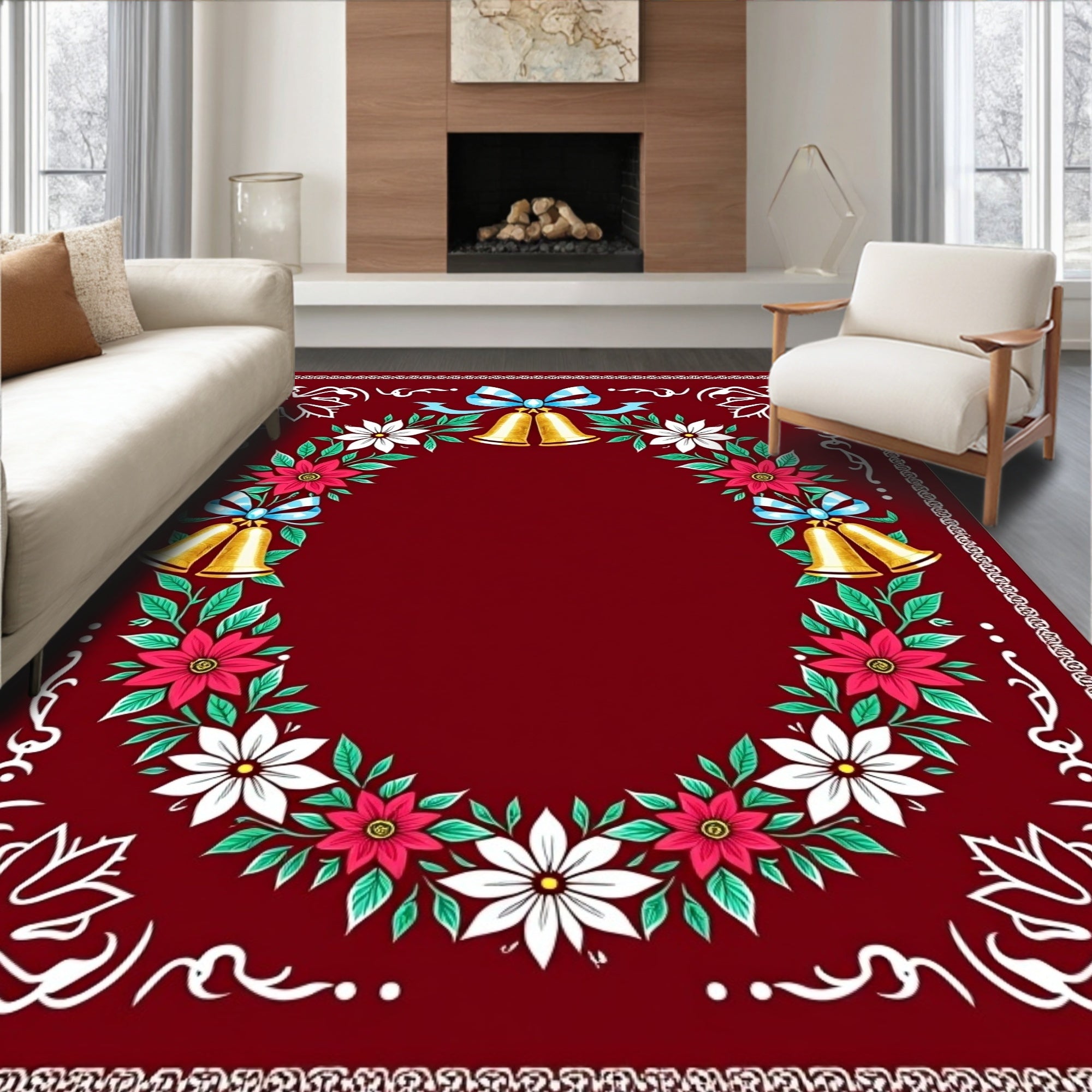 Golden Bells Festive Floral Garland Rug