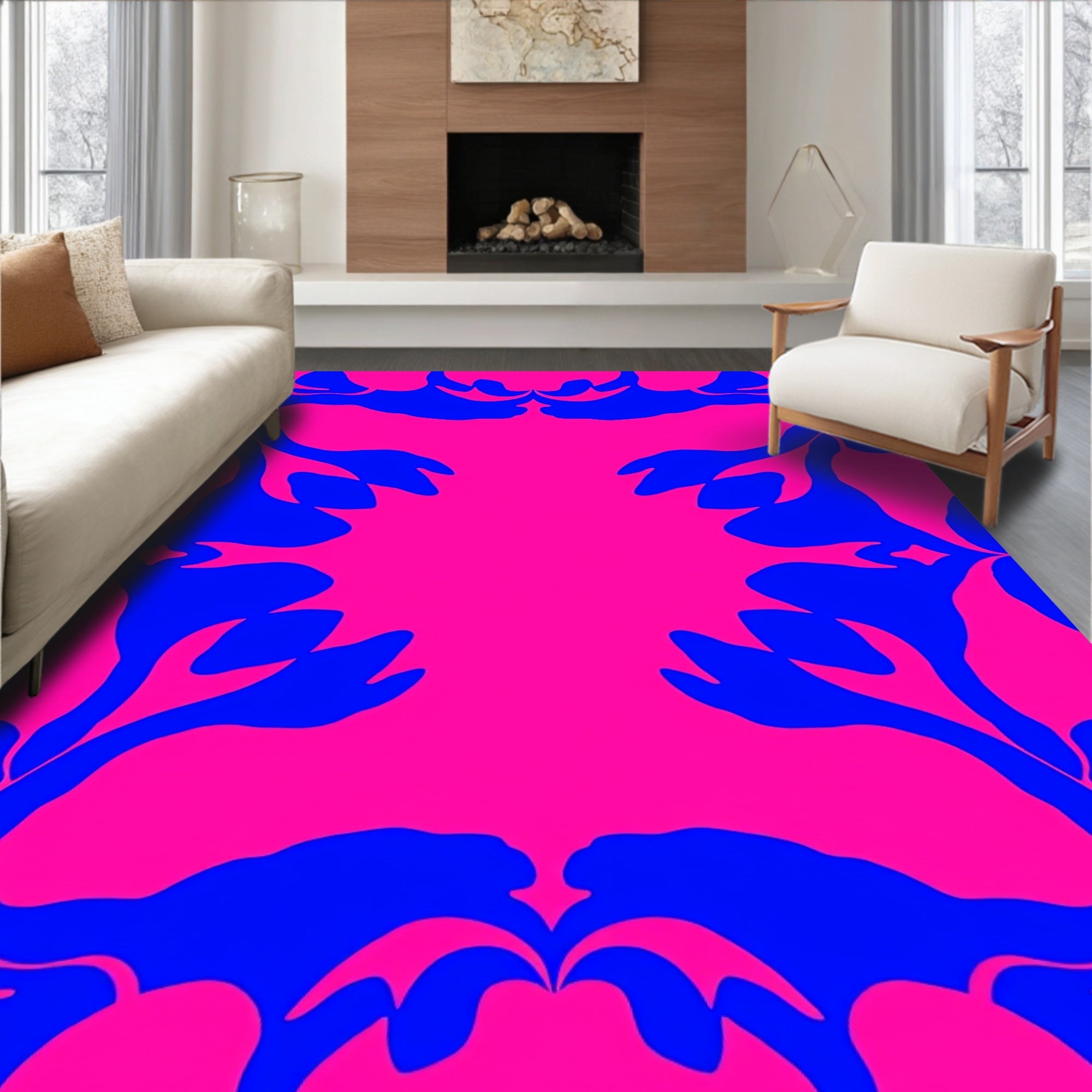 Bold Blue Curving Floral Pink Rug