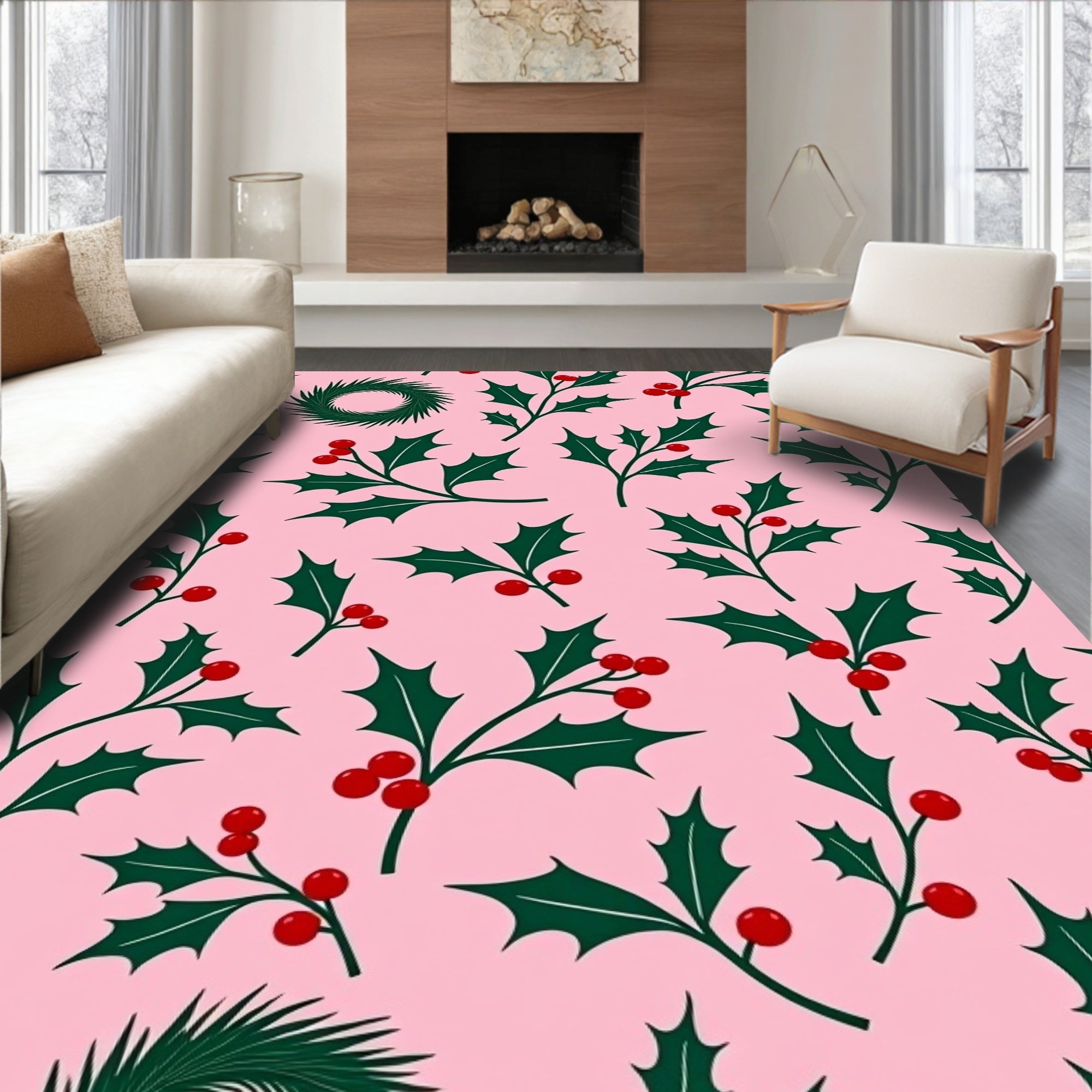Pink Holly Berry Sprig Wreath Rug