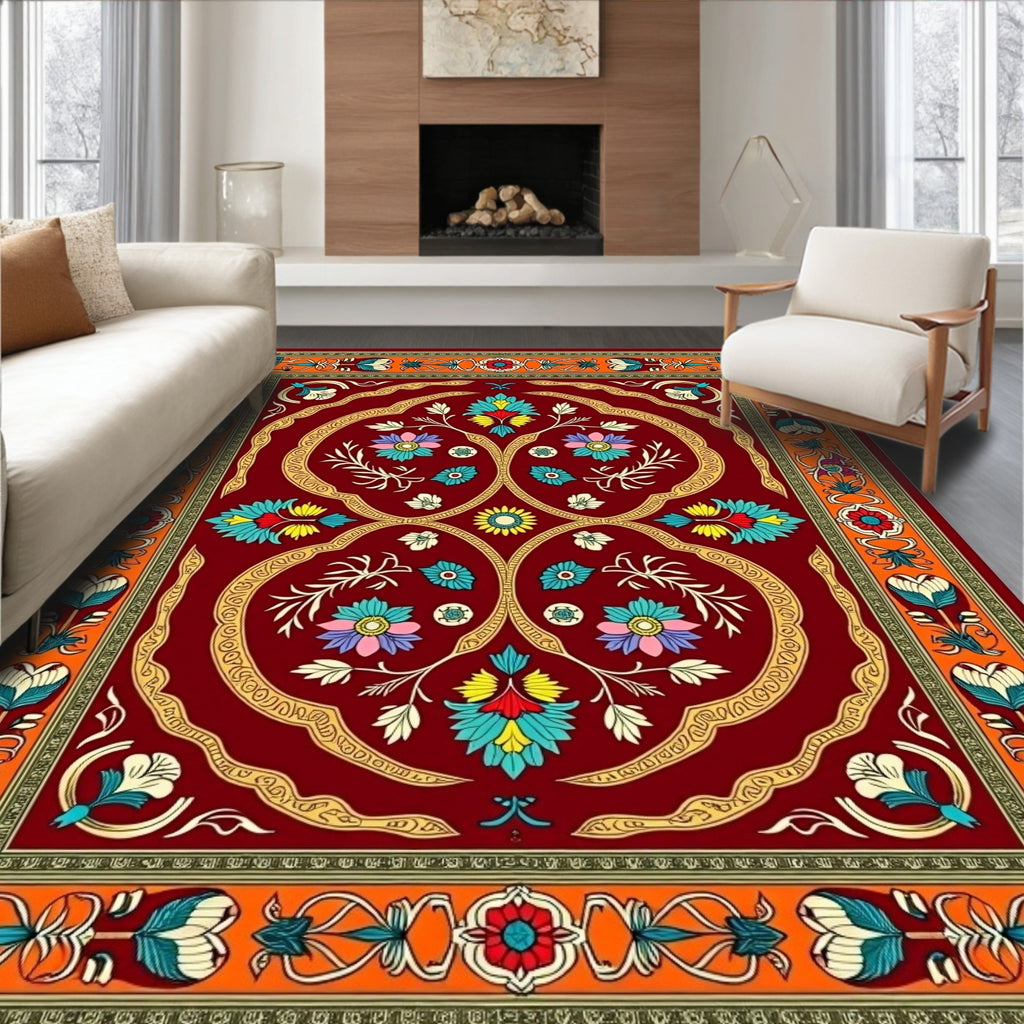 Vibrant Red Floral Arch Medallion Rug