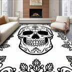 Ornate Black White Skull Floral Trim Rug