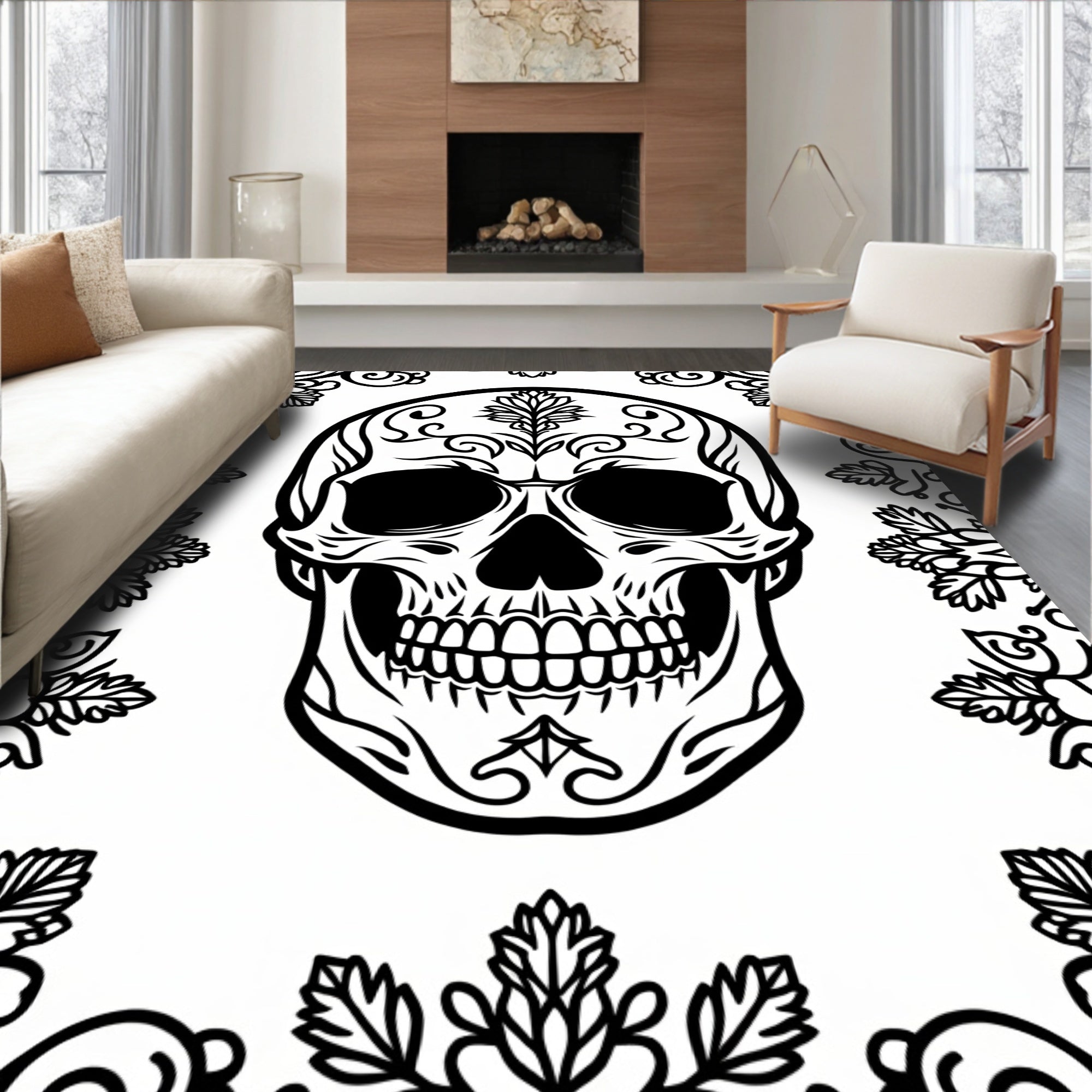 Ornate Black White Skull Floral Trim Rug