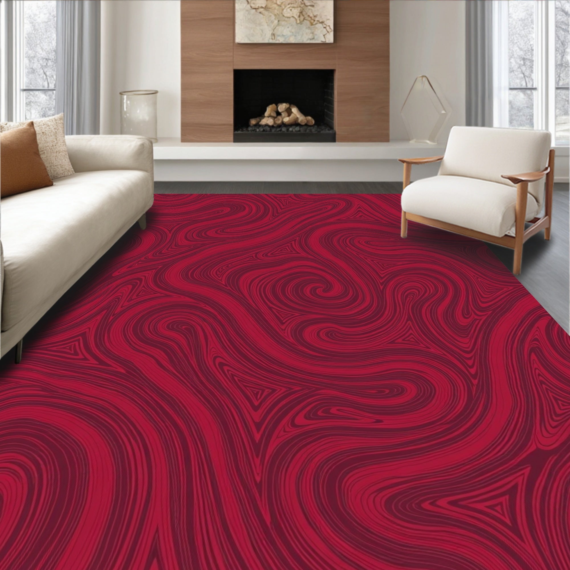Crimson Swirling Abstract Waves Rug