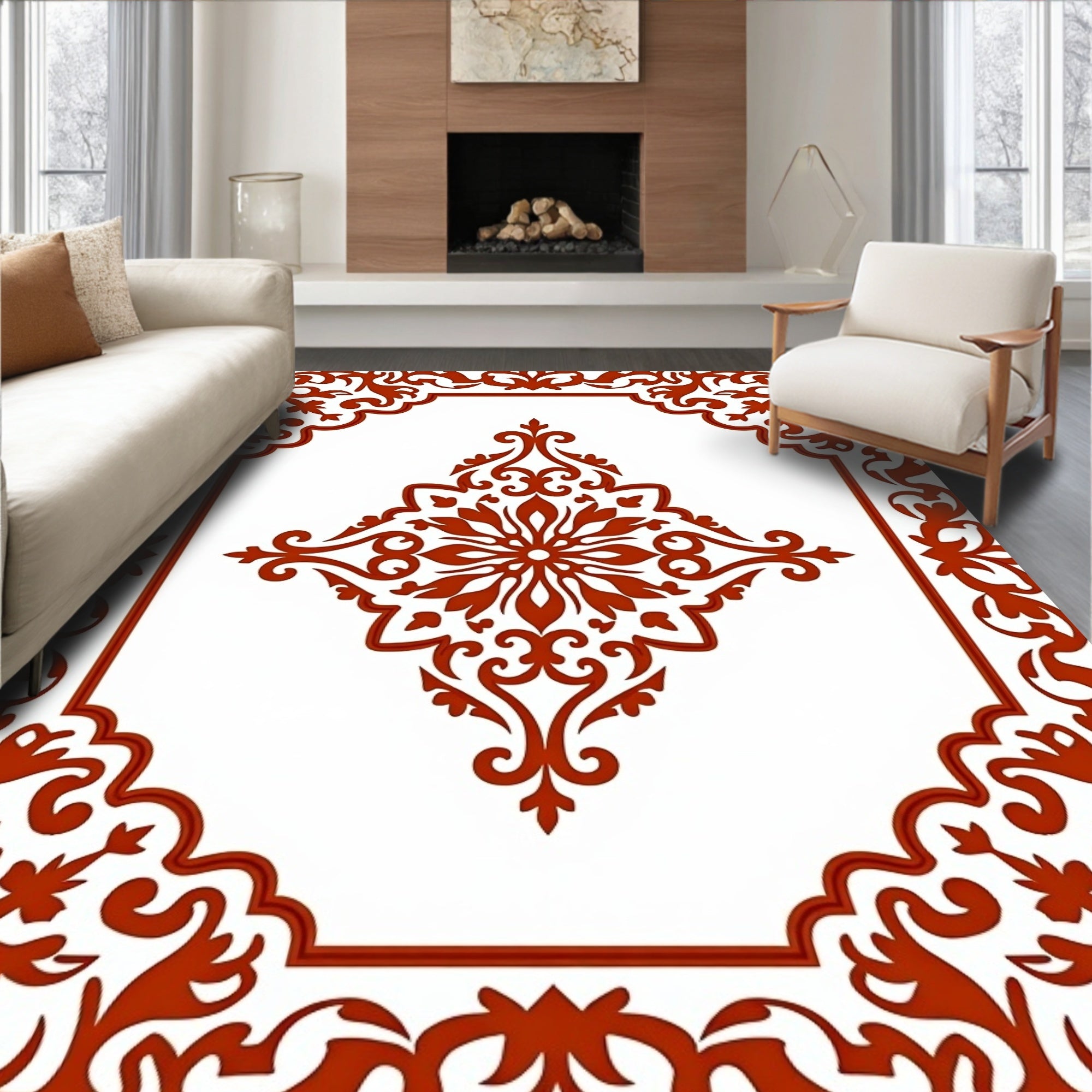 Burnt Orange Floral Medallion Frame Rug