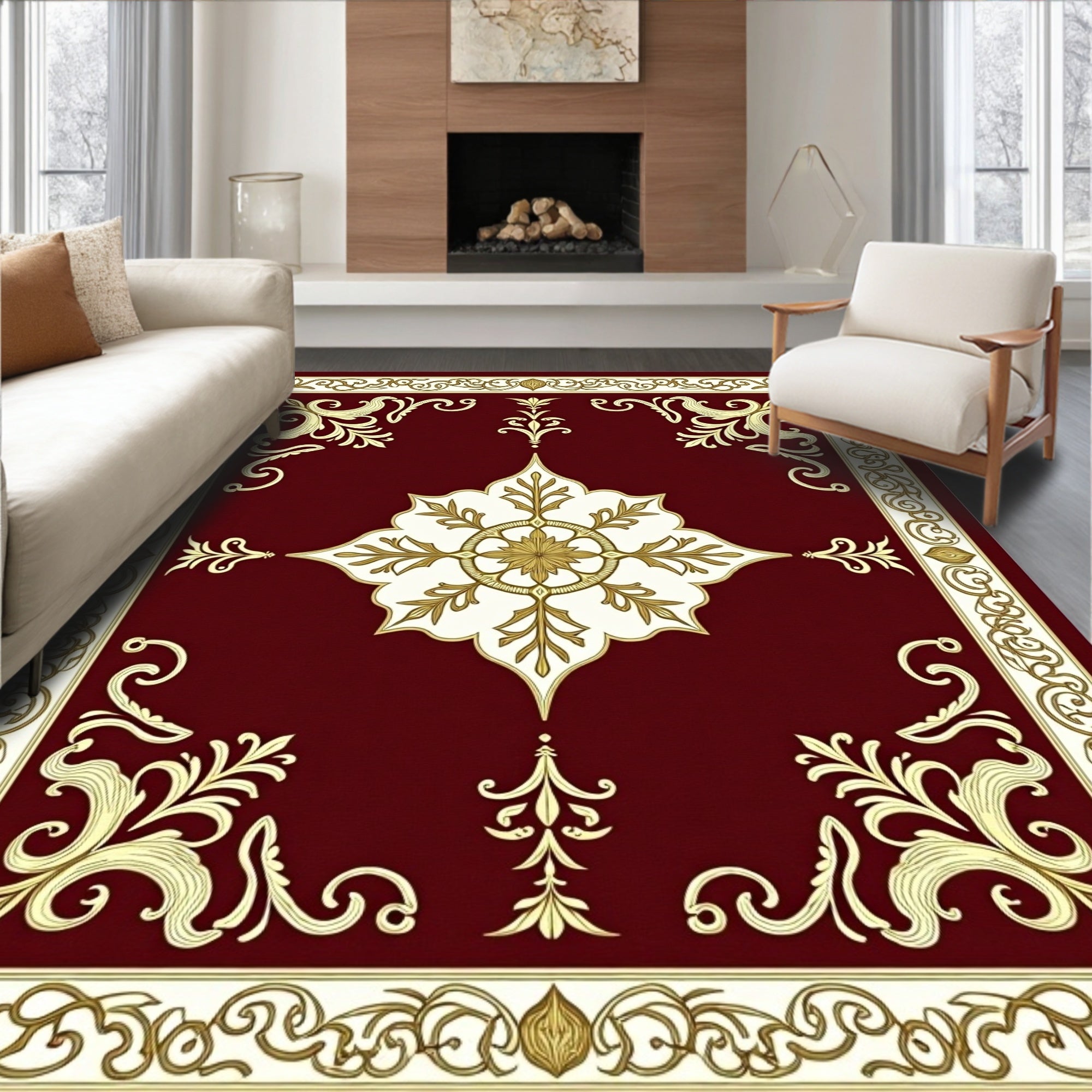 Rich Burgundy Floral Medallion Borders Rug