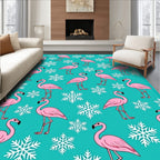 Pink Flamingos with Snowflakes on Teal Rug