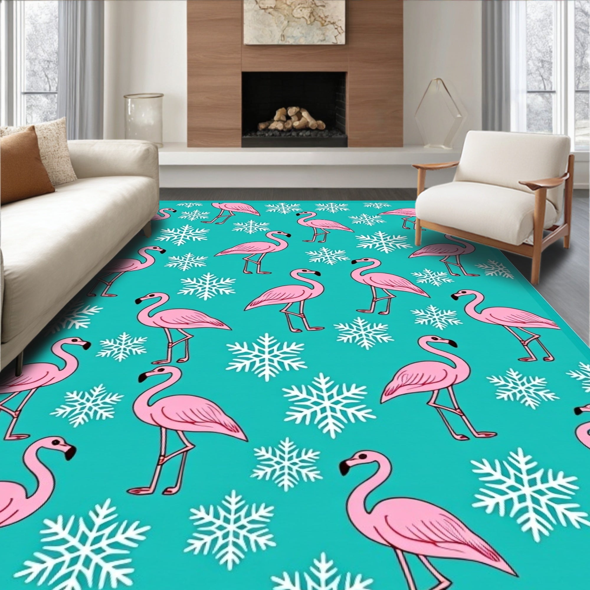 Pink Flamingos with Snowflakes on Teal Rug