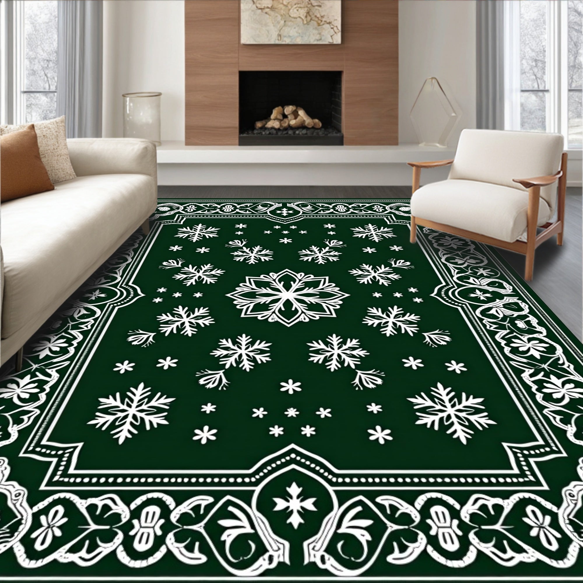 Green Snowflake Mandala Border Rug