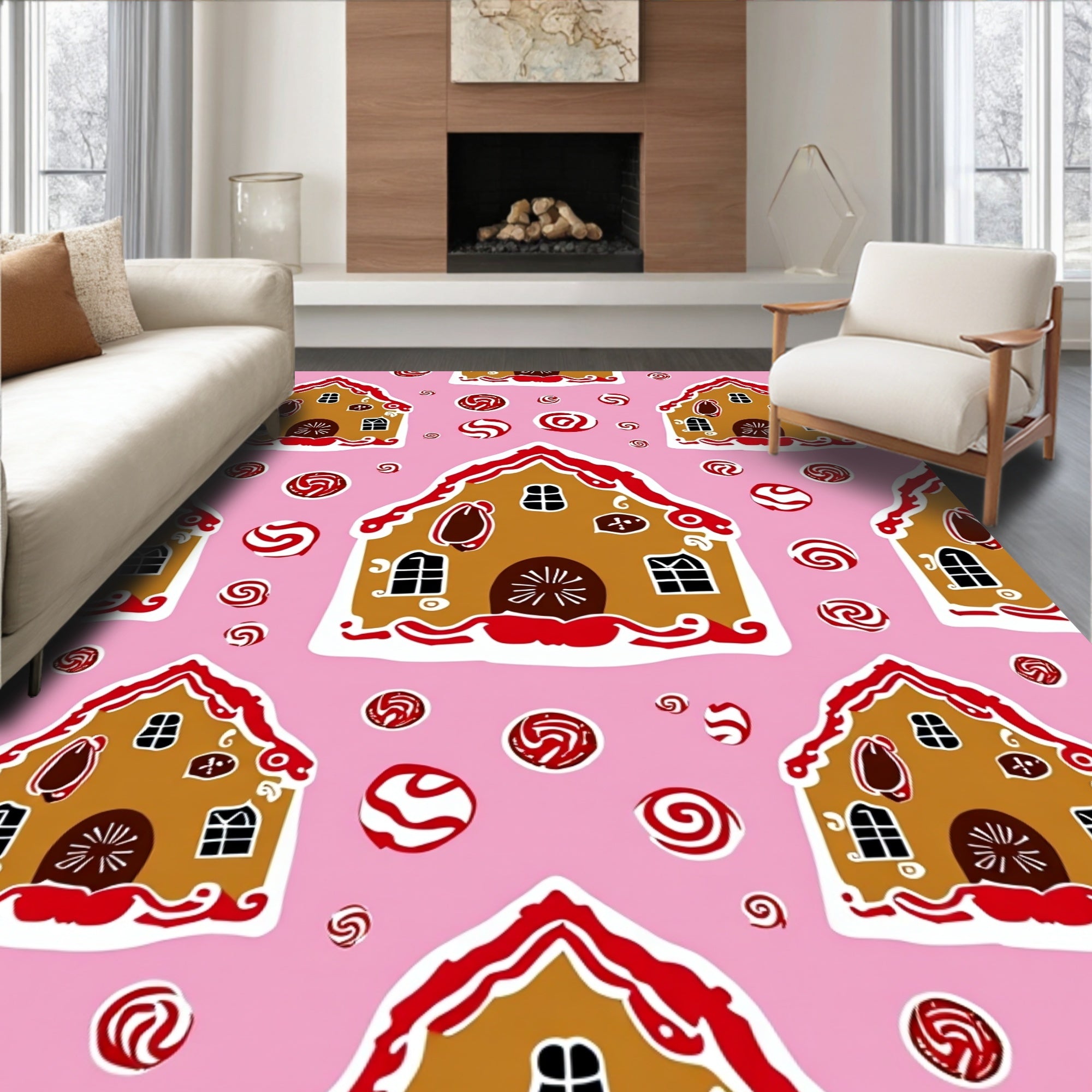 Gingerbread Houses Candy Pink Swirls Rug
