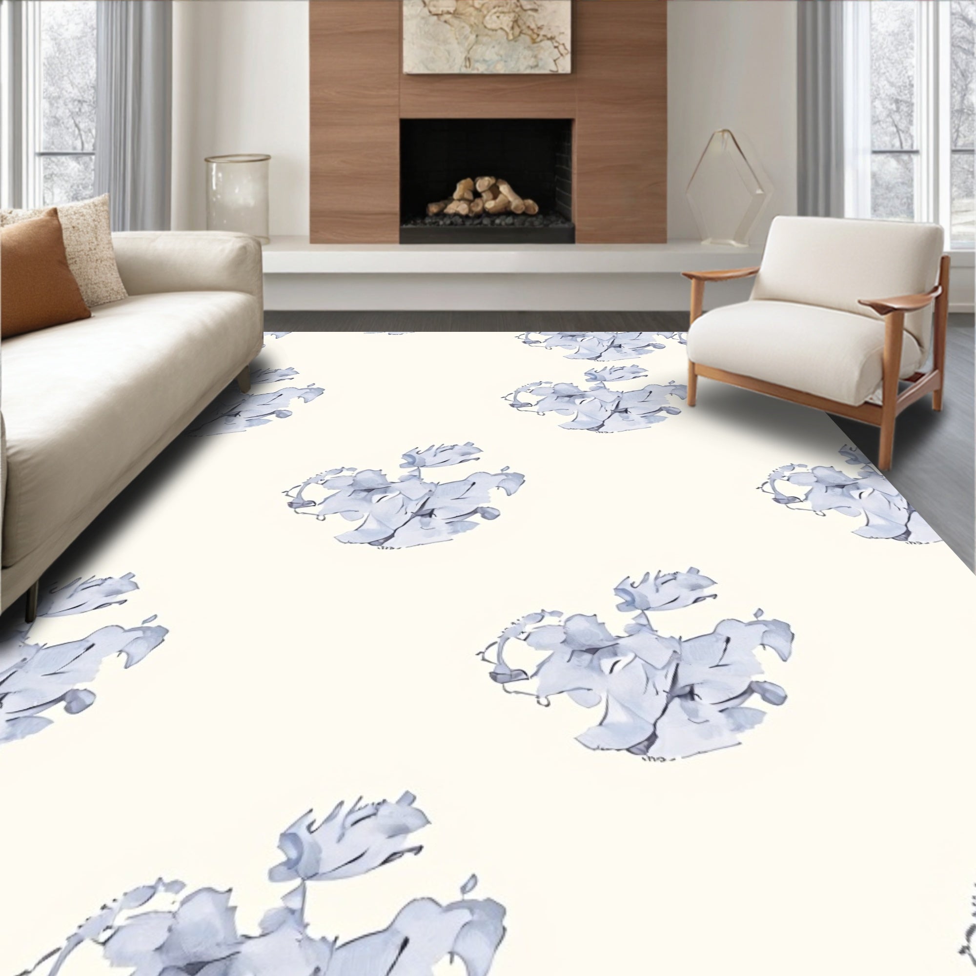 Soft Blue Abstract Floral Cluster Rug