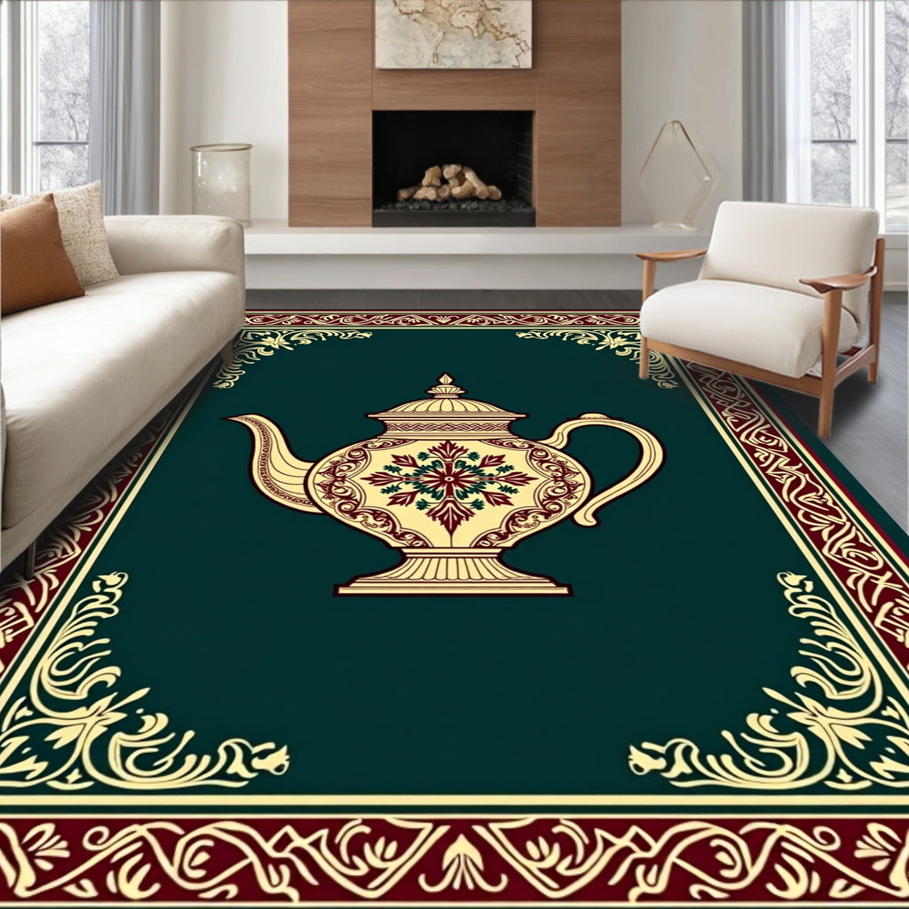 Crimson Floral Teapot Decorative Border Rug