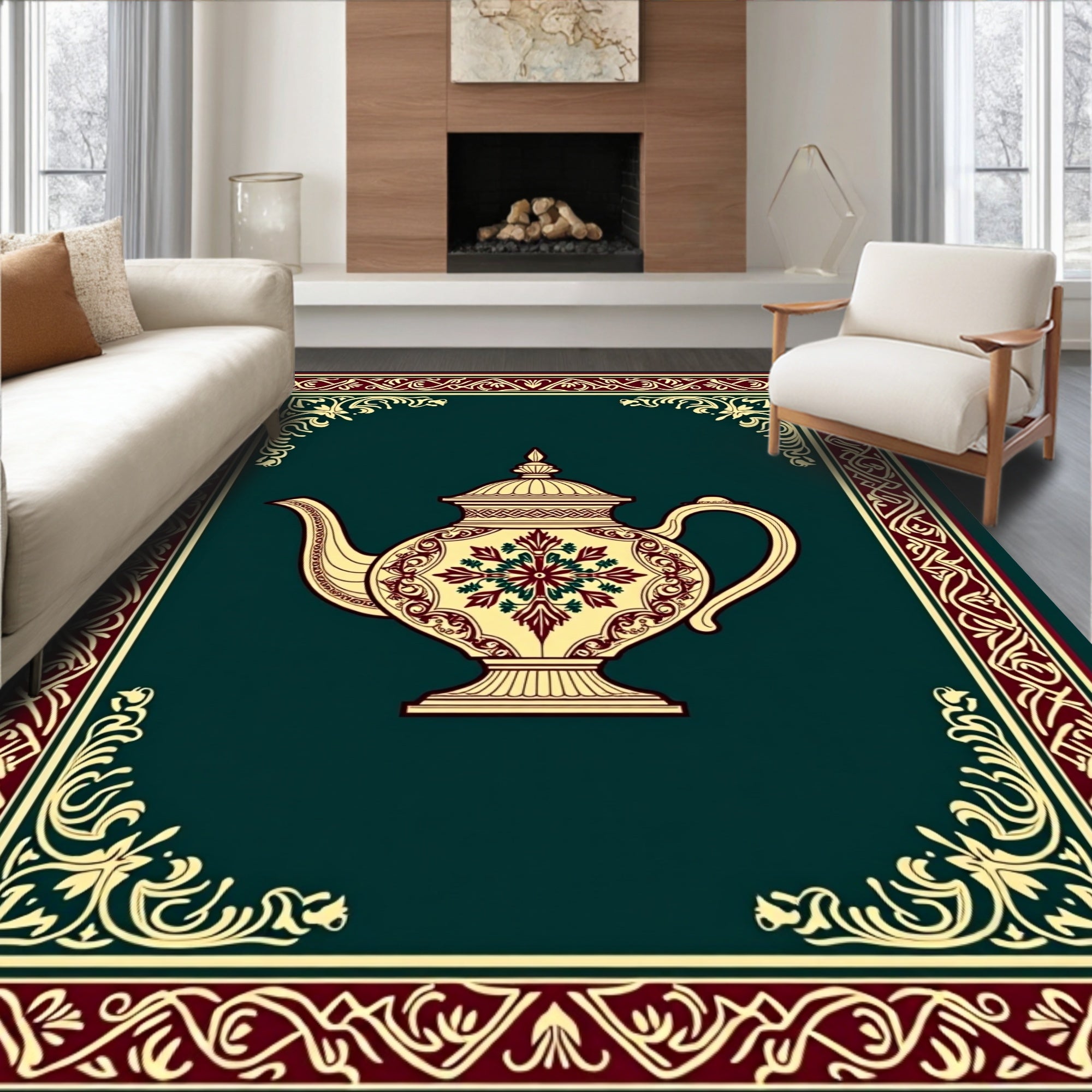 Crimson Floral Teapot Decorative Border Rug