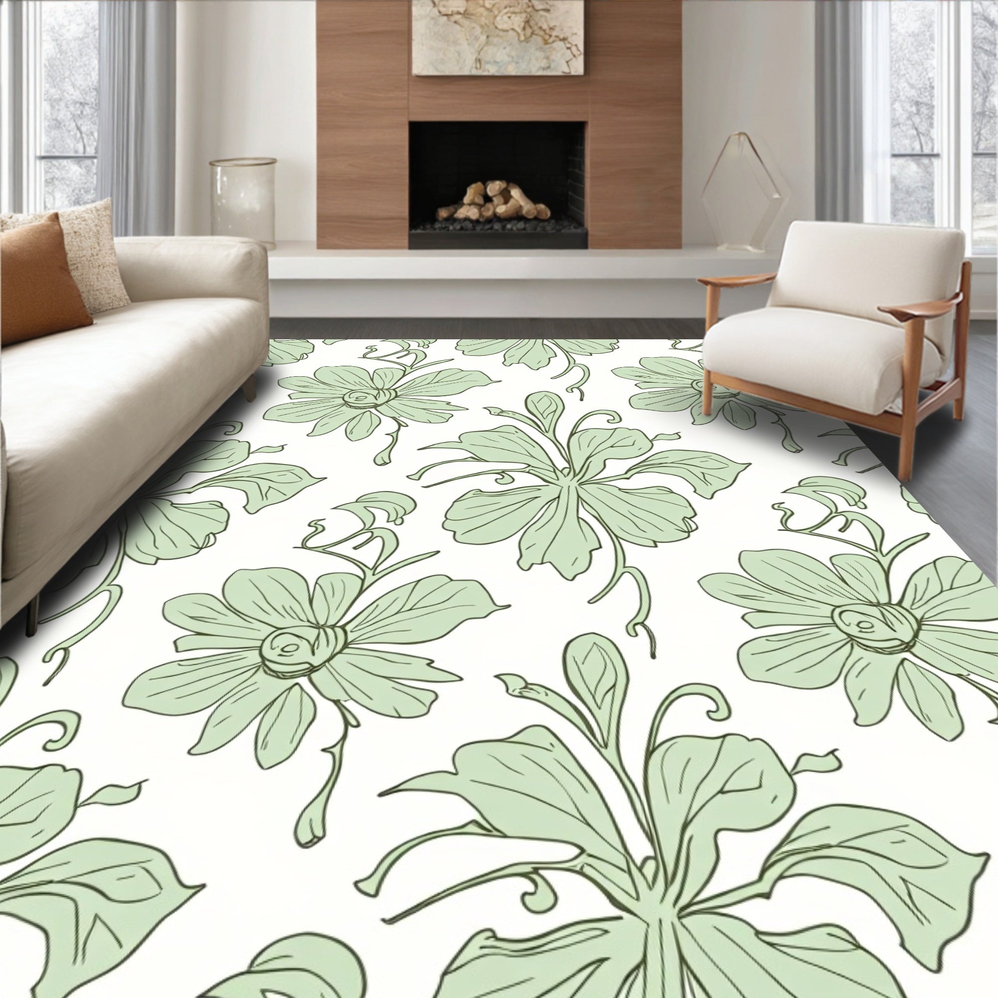 Soft Green Floral Vine Arrangement Rug