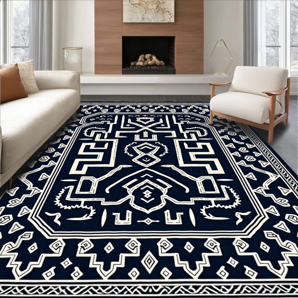 Dark Navy White Geometric Labyrinth Rug