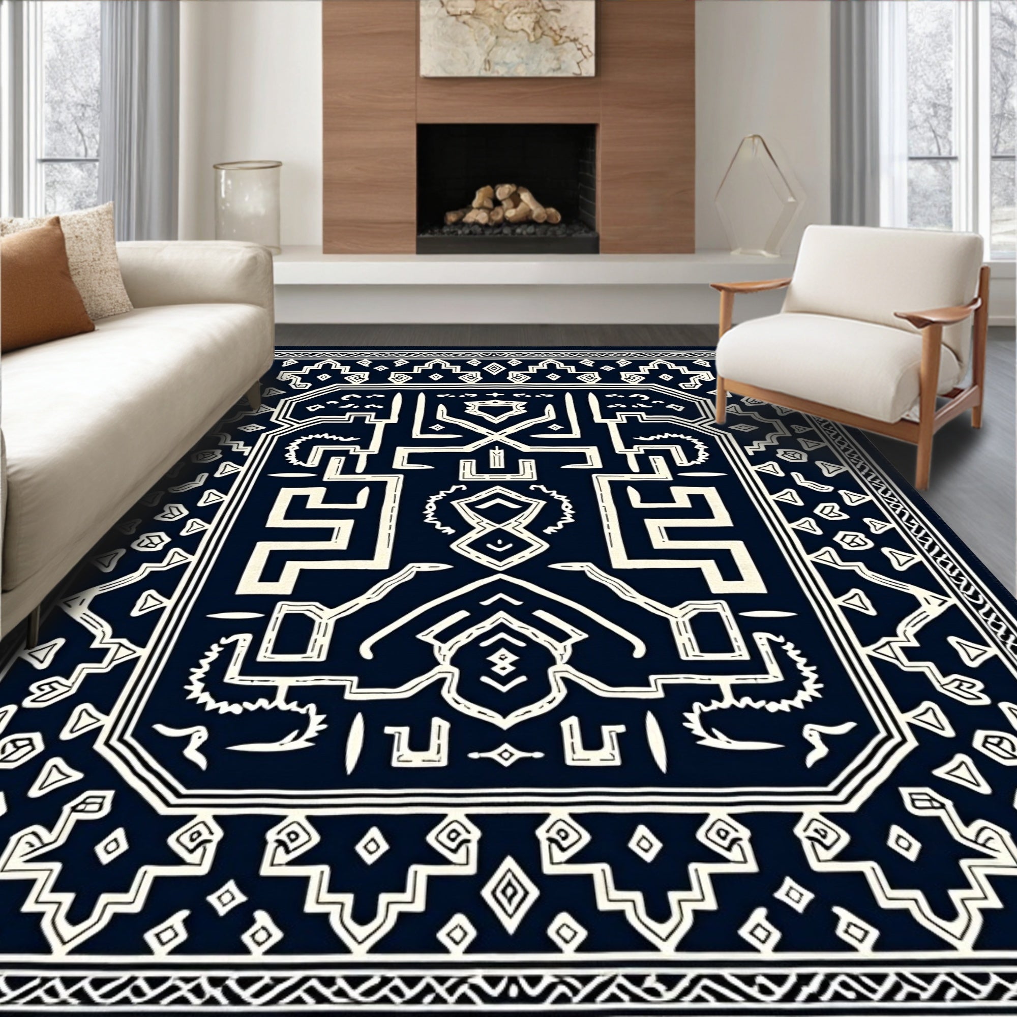 Dark Navy White Geometric Labyrinth Rug